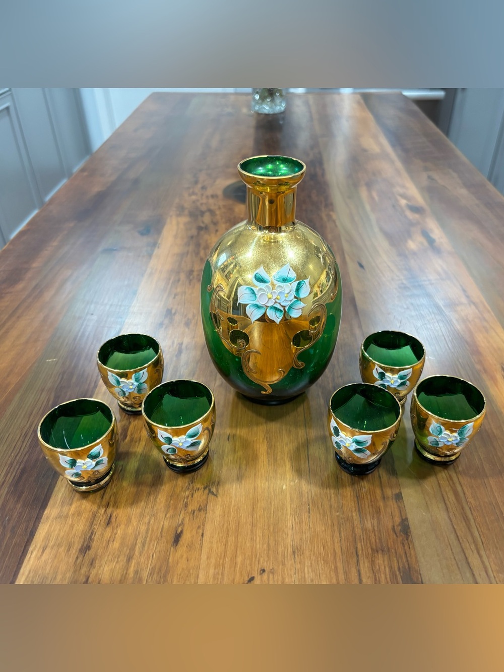 Vintage Venetian-style green glass decanter set (7 pieces)
